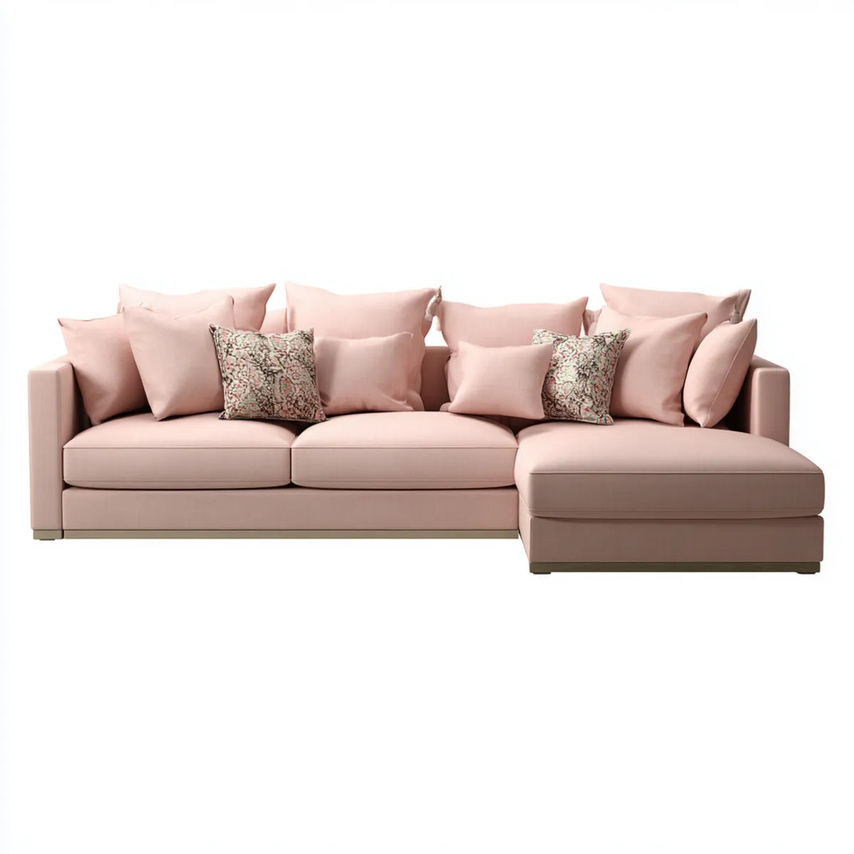 Canapé d'angle droit 4 places rose poudré en polyester forme L 300 x 170 cm