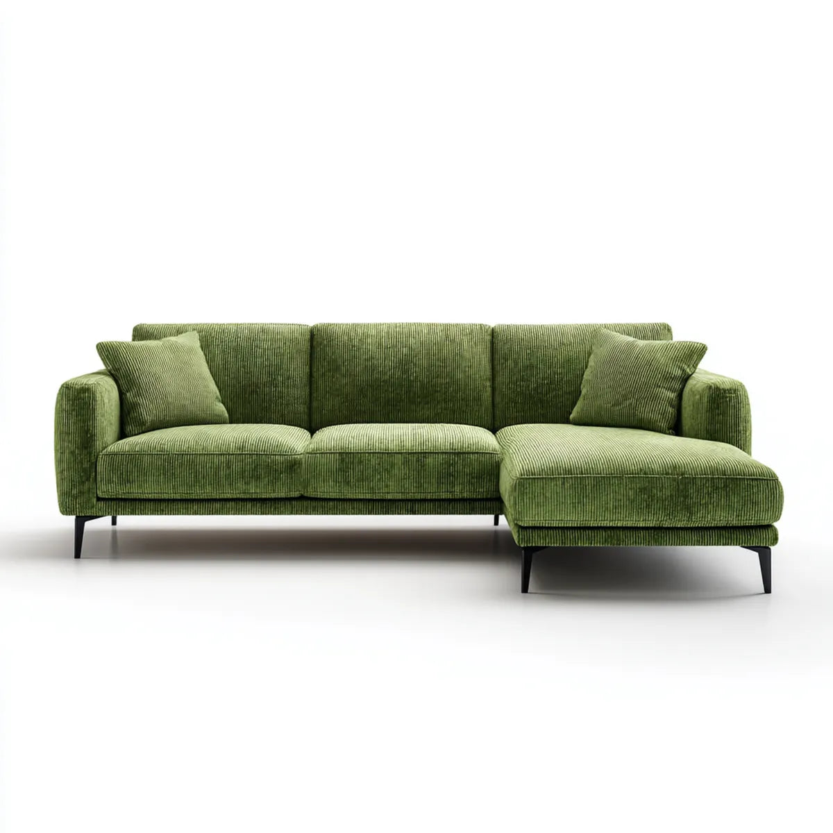 Canapé d'angle droit 3 places vert olive en velours côtelé polyester 260 x 160 x 85 cm