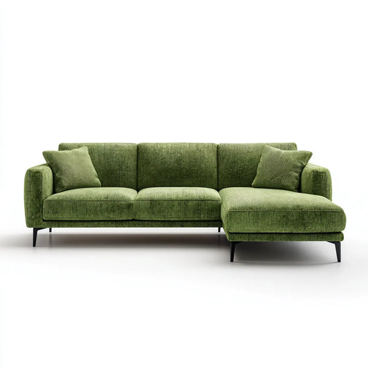 Canapé d'angle droit 3 places vert olive en velours côtelé polyester 260 x 160 x 85 cm