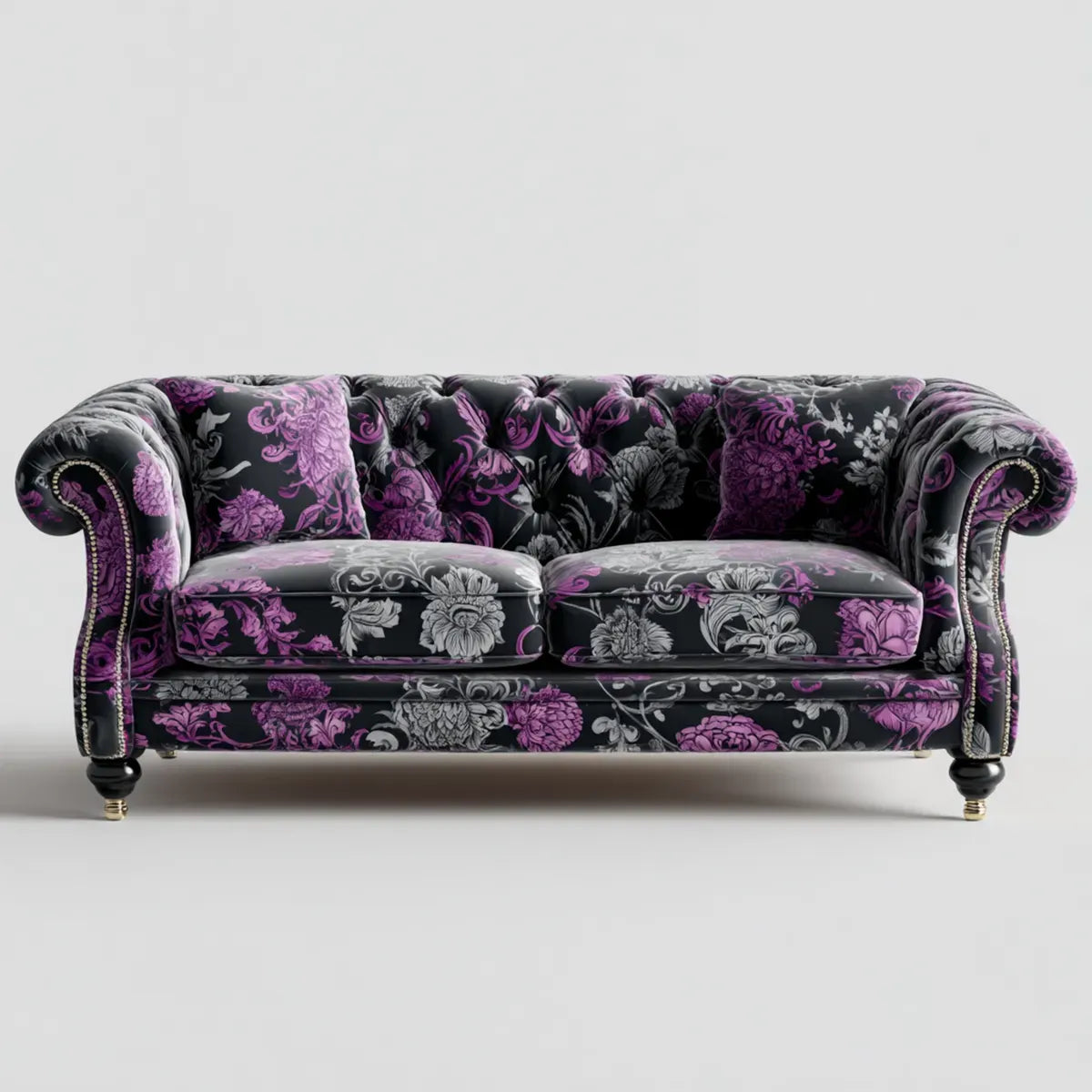 Canapé 3 places noir violet et gris en velours polyester capitonné forme droite 200 x 90 x 78 cm