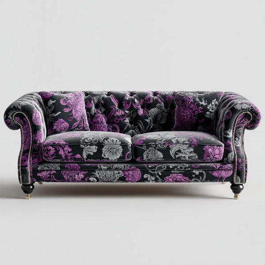 Canapé 3 places noir violet et gris en velours polyester capitonné forme droite 200 x 90 x 78 cm