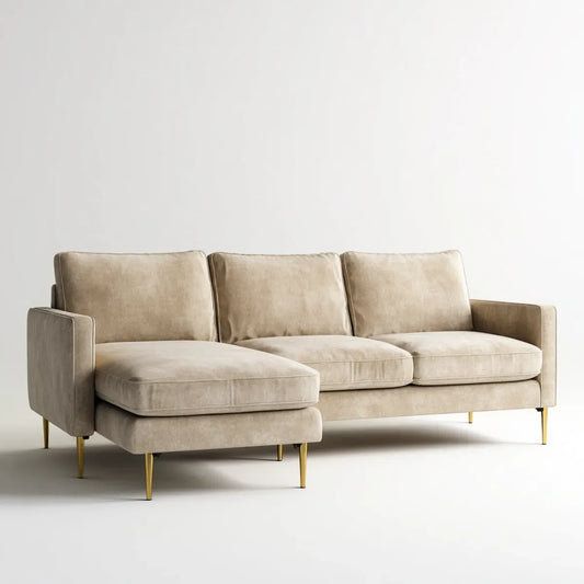 Canapé d'angle gauche 3 places beige en velours de polyester 260 x 160 x 85 cm