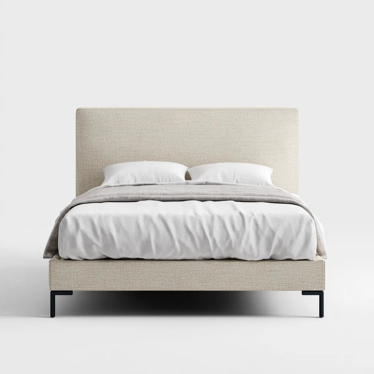 Lit double 160 x 200 cm beige en polyester avec tête de lit rectangulaire et pieds en acier noir