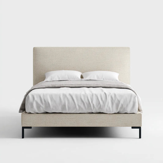 Lit double 160 x 200 cm beige en polyester avec tête de lit rectangulaire et pieds en acier noir