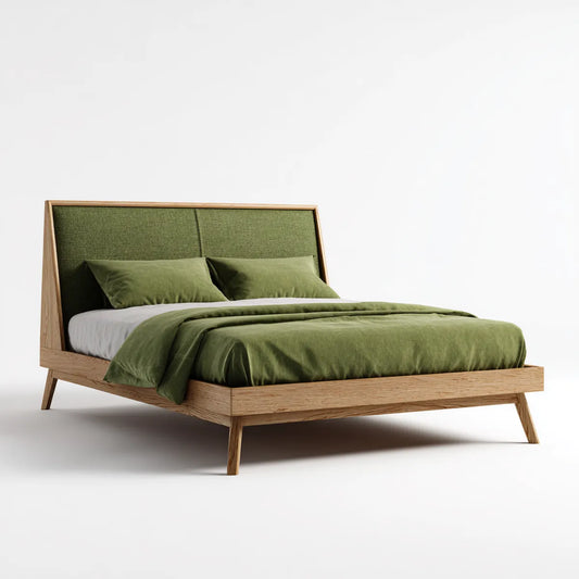 Lit double 160 x 200 cm chêne clair avec tête de lit capitonnée vert olive