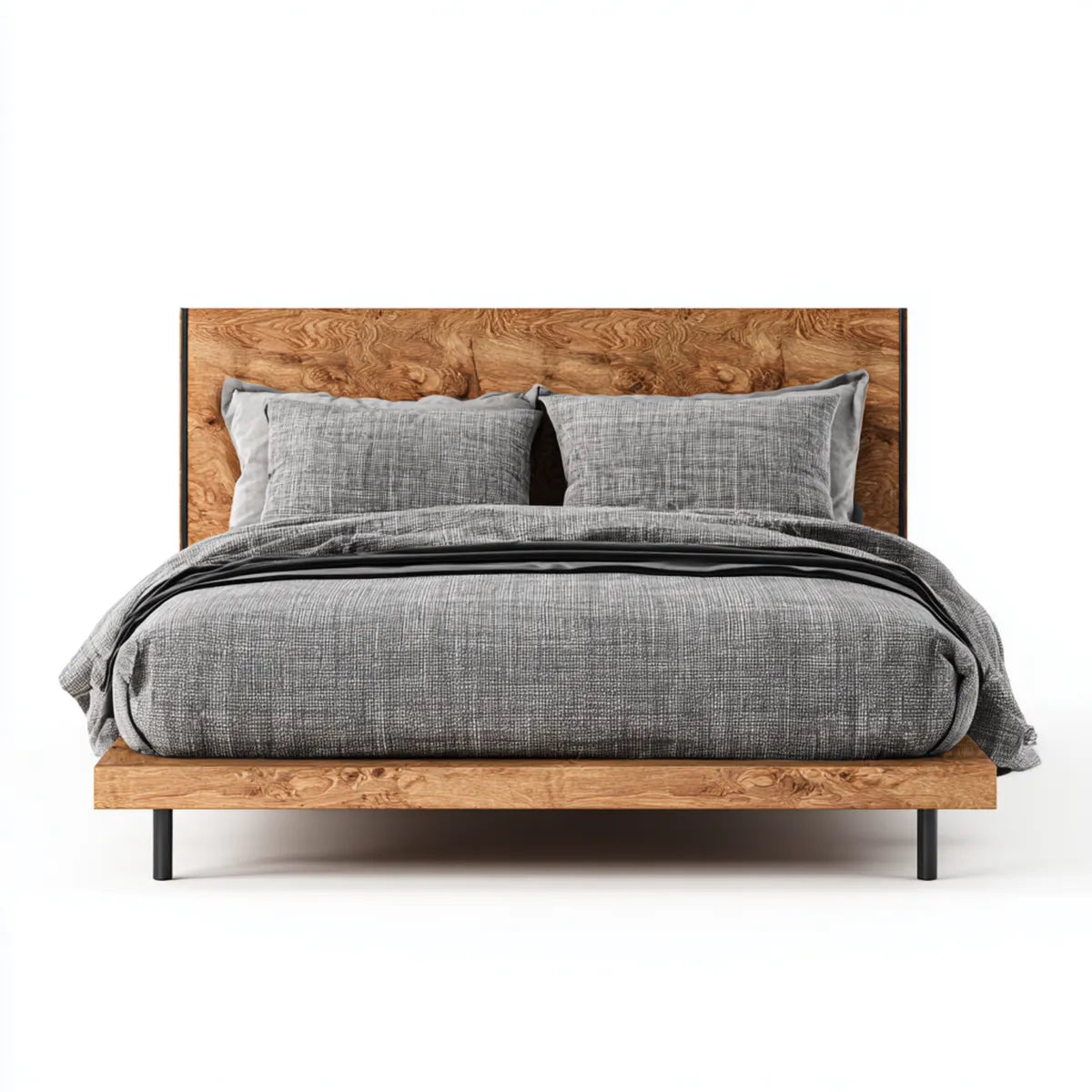 Lit double 160 x 200 cm marron naturel et noir en bois massif d'acacia et acier forme rectangulaire