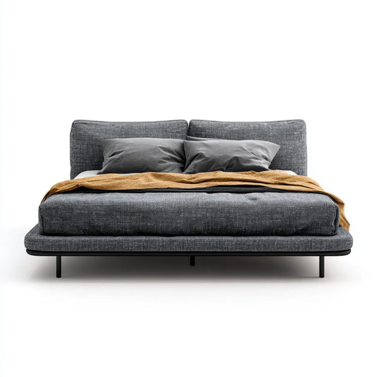 Lit double gris anthracite 160 x 200 cm en polyester et acier rectangulaire avec tête de lit rembourrée