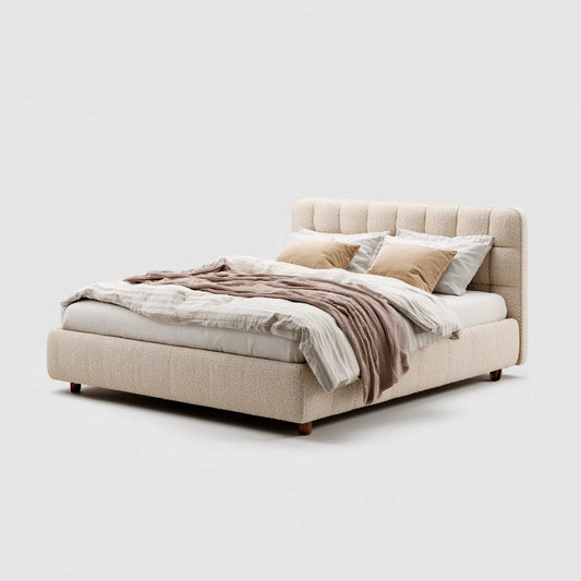 Lit double 160 x 200 cm beige en polyester bouclé rectangulaire avec tête de lit capitonnée