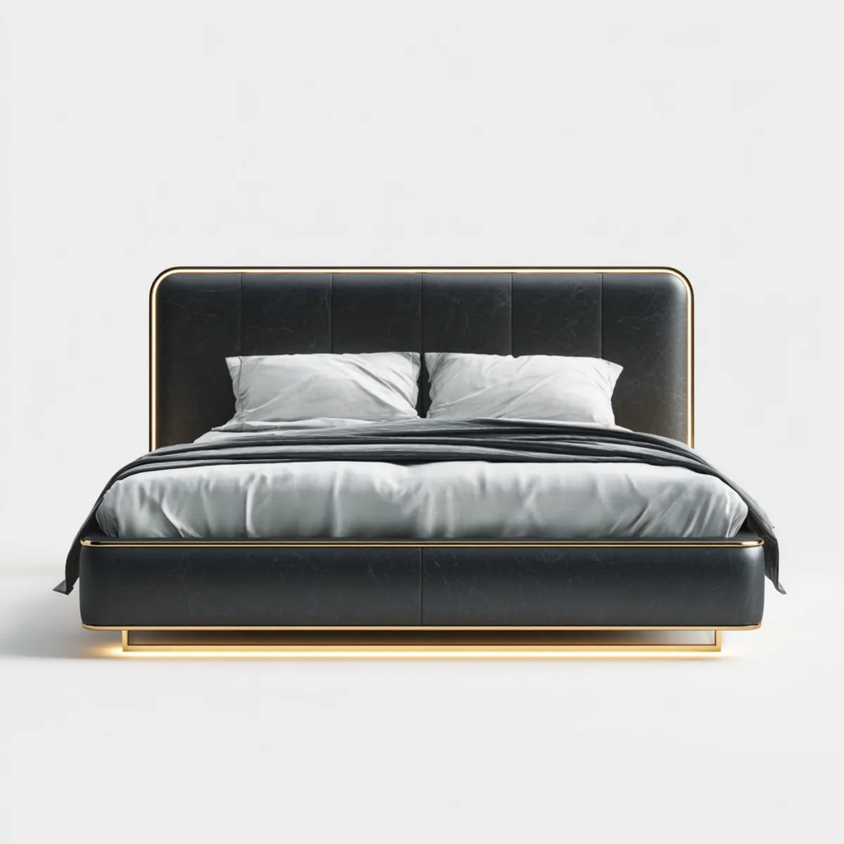Lit double 160 x 200 cm noir en cuir synthétique PU avec cadre acier doré