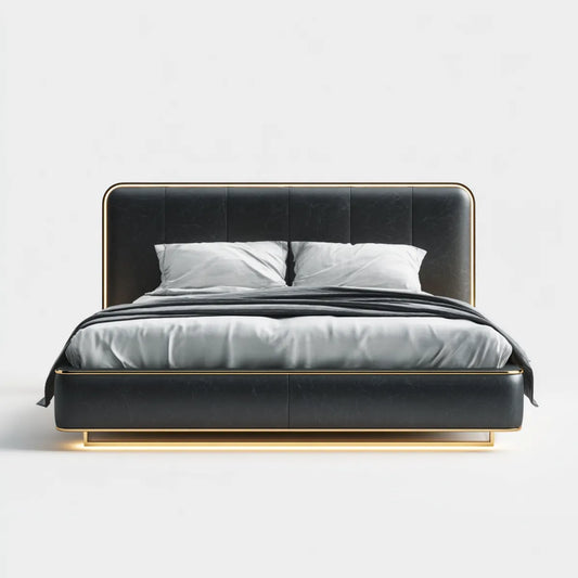 Lit double 160 x 200 cm noir en cuir synthétique PU avec cadre acier doré